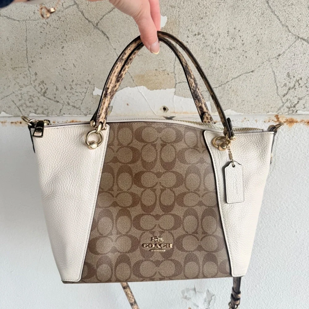 Coach Kelsey Satchel Colorblock Signature‎ Canvas Leather Bag Snakeskin C7261
